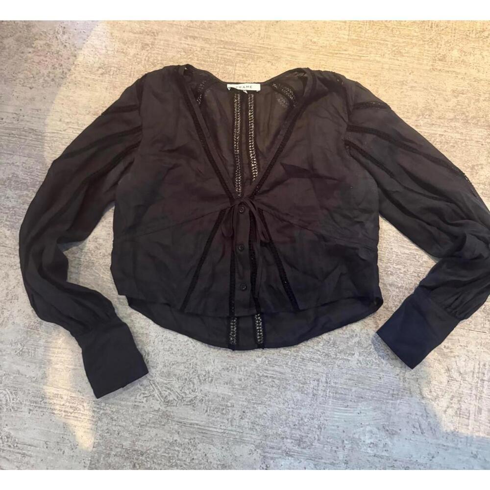 FRAME Black Sheer Long Sleeve Peasant Blouse with Tie Front sz S